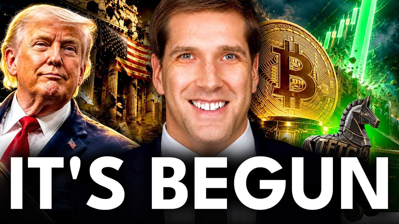 Matt Dines on the TFTC podcast against a backdrop of Treasury bonds, a world map, and a Bitcoin symbol