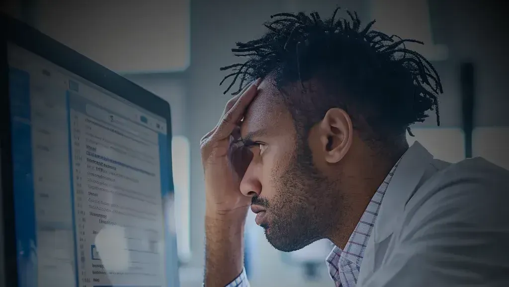 A frustrated individual sitting in front of a computer screen displaying a complex health insurance website