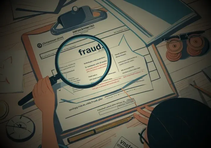 Illustration of a person reviewing health insurance documents with a magnifying glass highlighting the term "fraud."