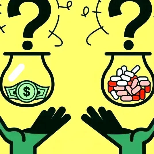 an illustration of a person weighing money in one hand and medication in the other hand, representing the choices americans h