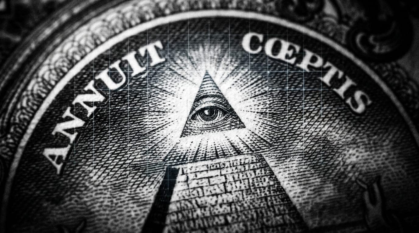 Black-and-white macro of the Eye of Providence on a US dollar bill overlaid with a faint digital scan-line grid