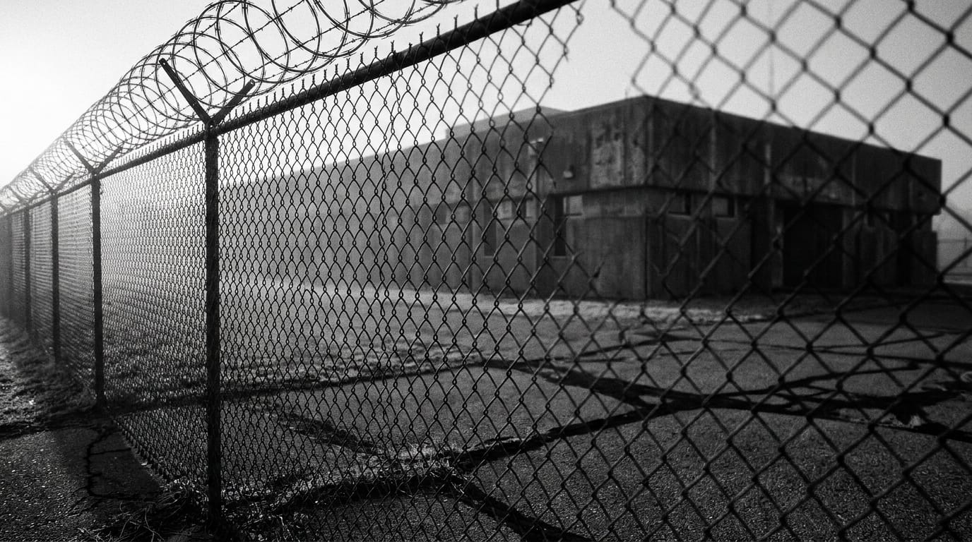 Black-and-white photograph of a federal facility seen through a chain-link fence with razor wire, single dramatic morning light