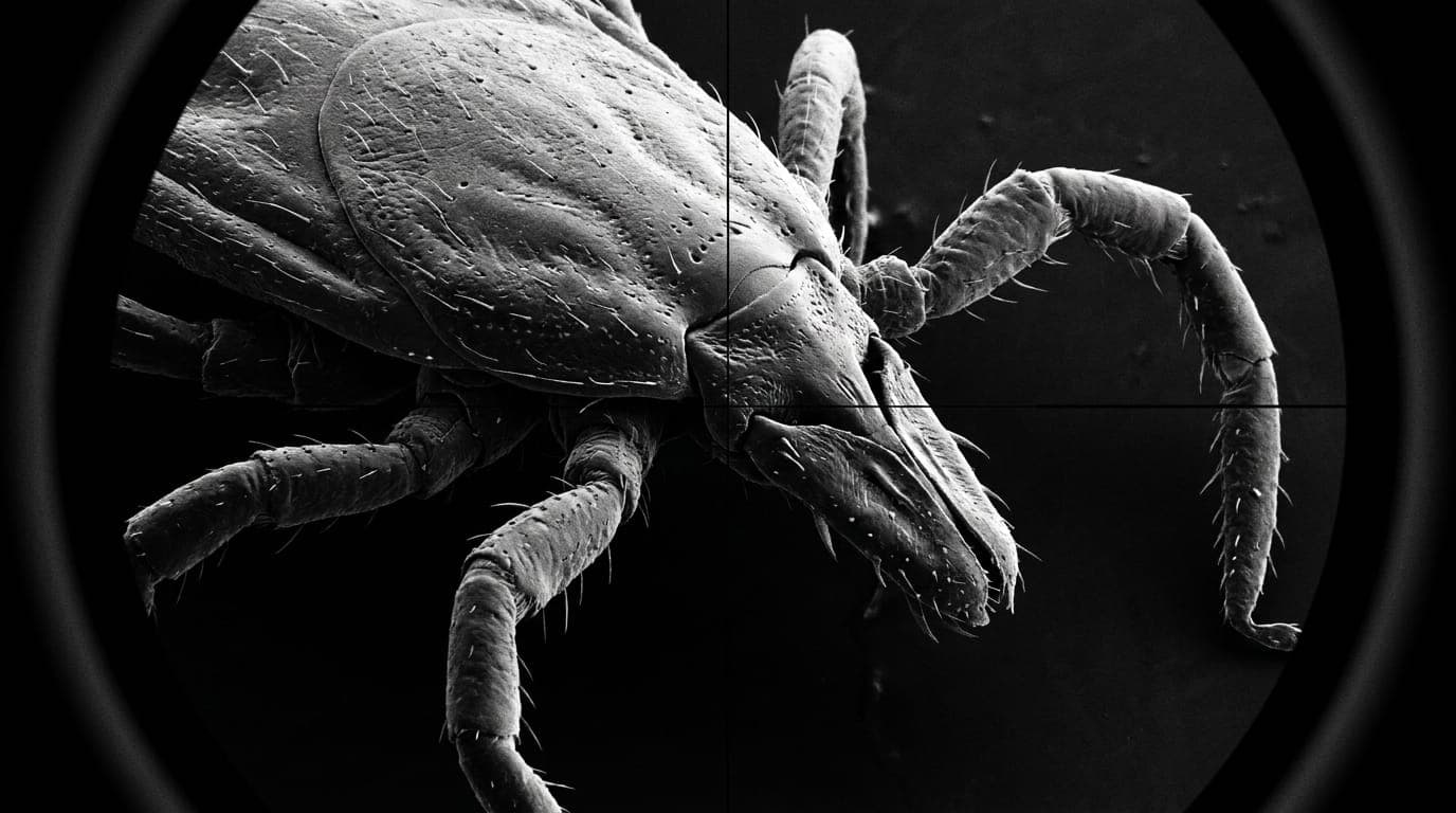 Black-and-white microscope view of an adult deer tick with a crosshair reticle, framed as a Cold War lab specimen