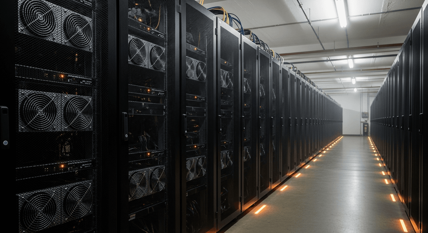 Bitcoin mining rigs running in a large-scale data center facility