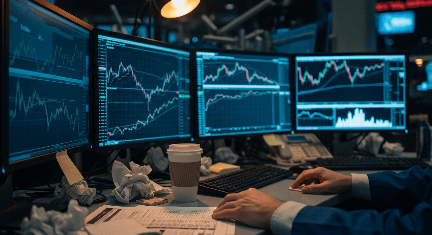 Close-up of financial trading screens displaying candlestick charts and options data in a dimly lit trading environment, no text or signage visible