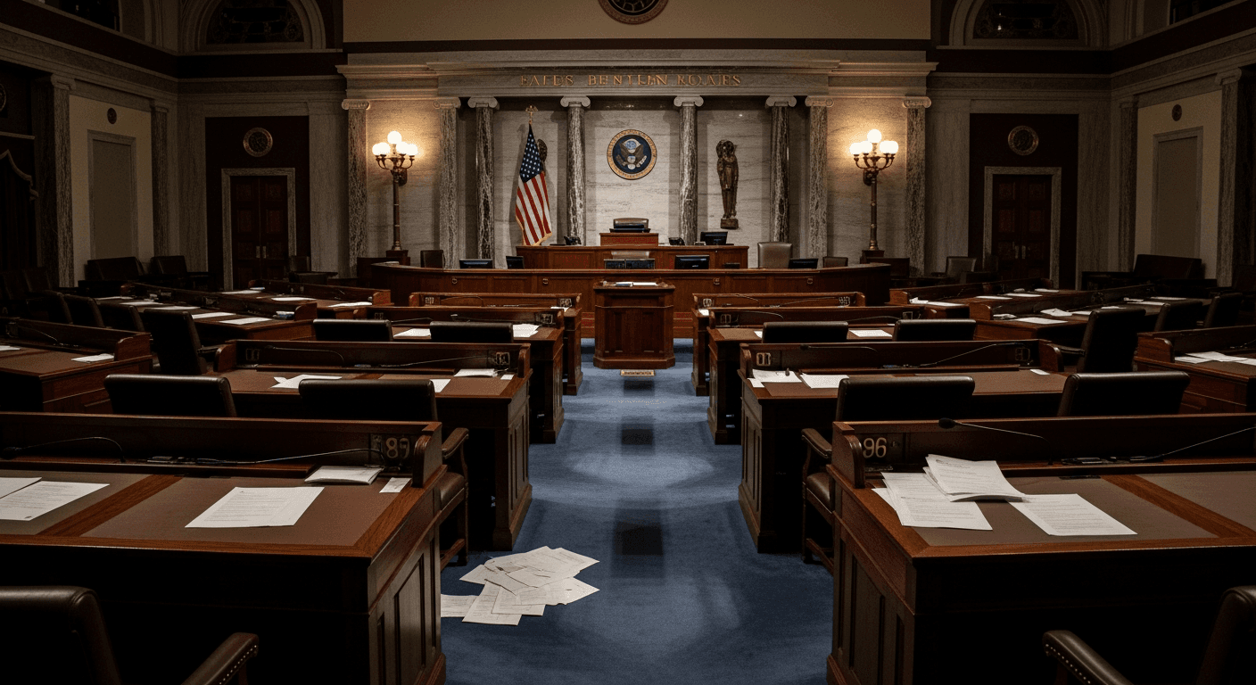 Wide-angle view of an empty legislative chamber with rows of wooden desks and dramatic overhead lighting, no text, no logos, no signage