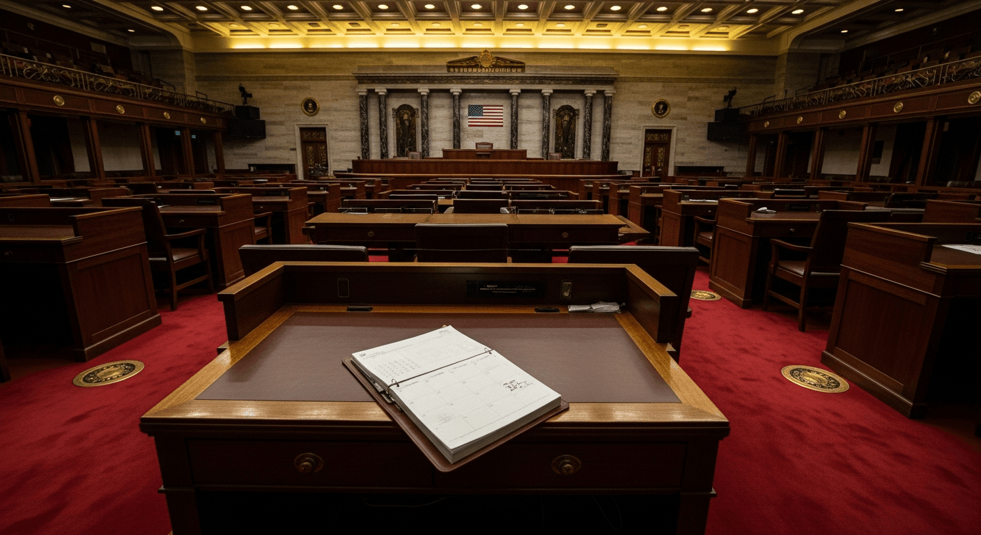 wide-angle view of a large legislative chamber interior, empty wooden desks arranged in a semicircle under high ceilings with dramatic lighting, no people, no text, no signs
