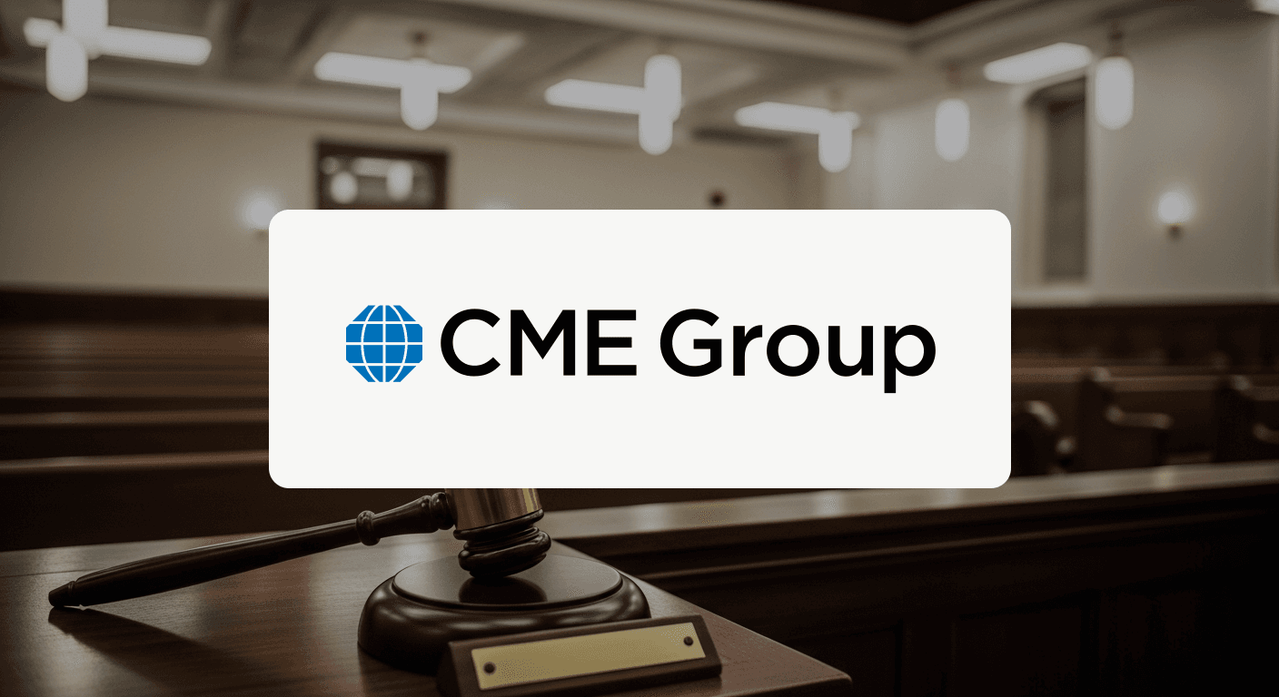The CME Group logo on a card over a courtroom backdrop