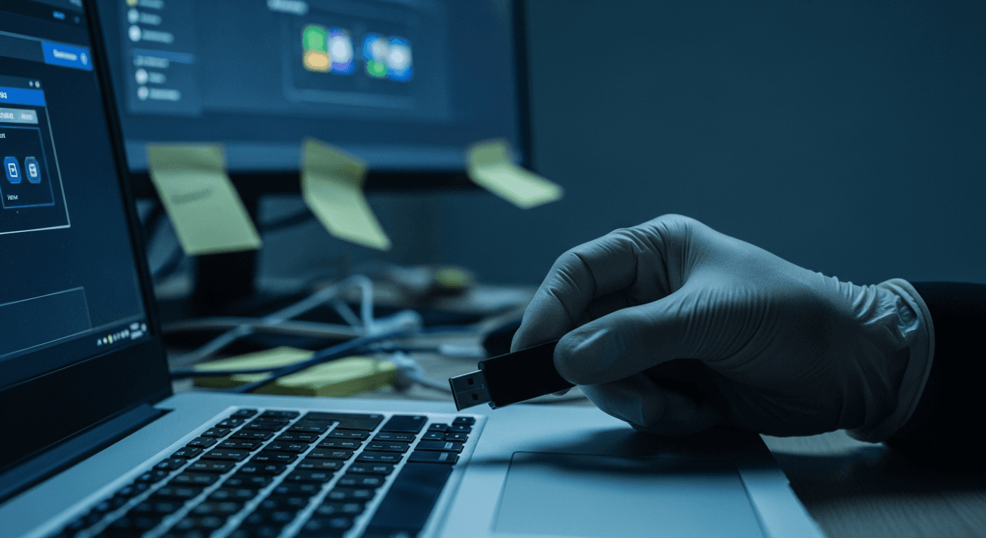 A gloved hand inserting a USB drive into a laptop keyboard, dim lighting, no logos or text visible anywhere on the device or screen