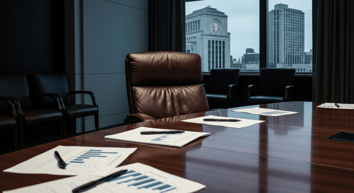 A formal government meeting room with empty chairs around a large conference table, neutral tones, no logos or signage, cinematic lighting