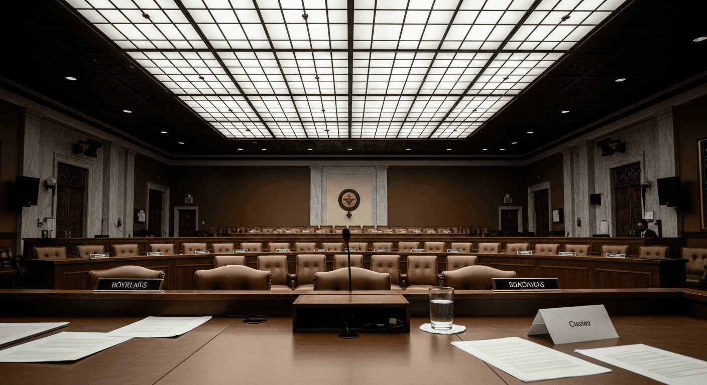 A federal government building interior with marble columns and fluorescent-lit corridors, empty hearing room chairs visible in the background, neutral editorial tone