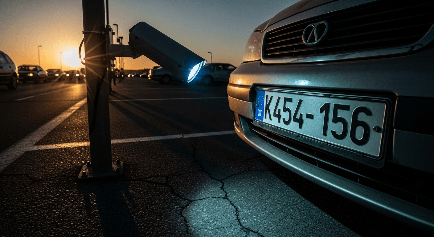 A network of surveillance cameras mounted on poles along a suburban street at dusk, with streaks of car headlights passing beneath them, rendered in a cold blue and amber color palette
