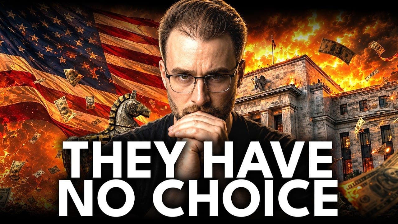 Marty Bent on the TFTC podcast over a burning Federal Reserve and US flag, with text reading They Have No Choice