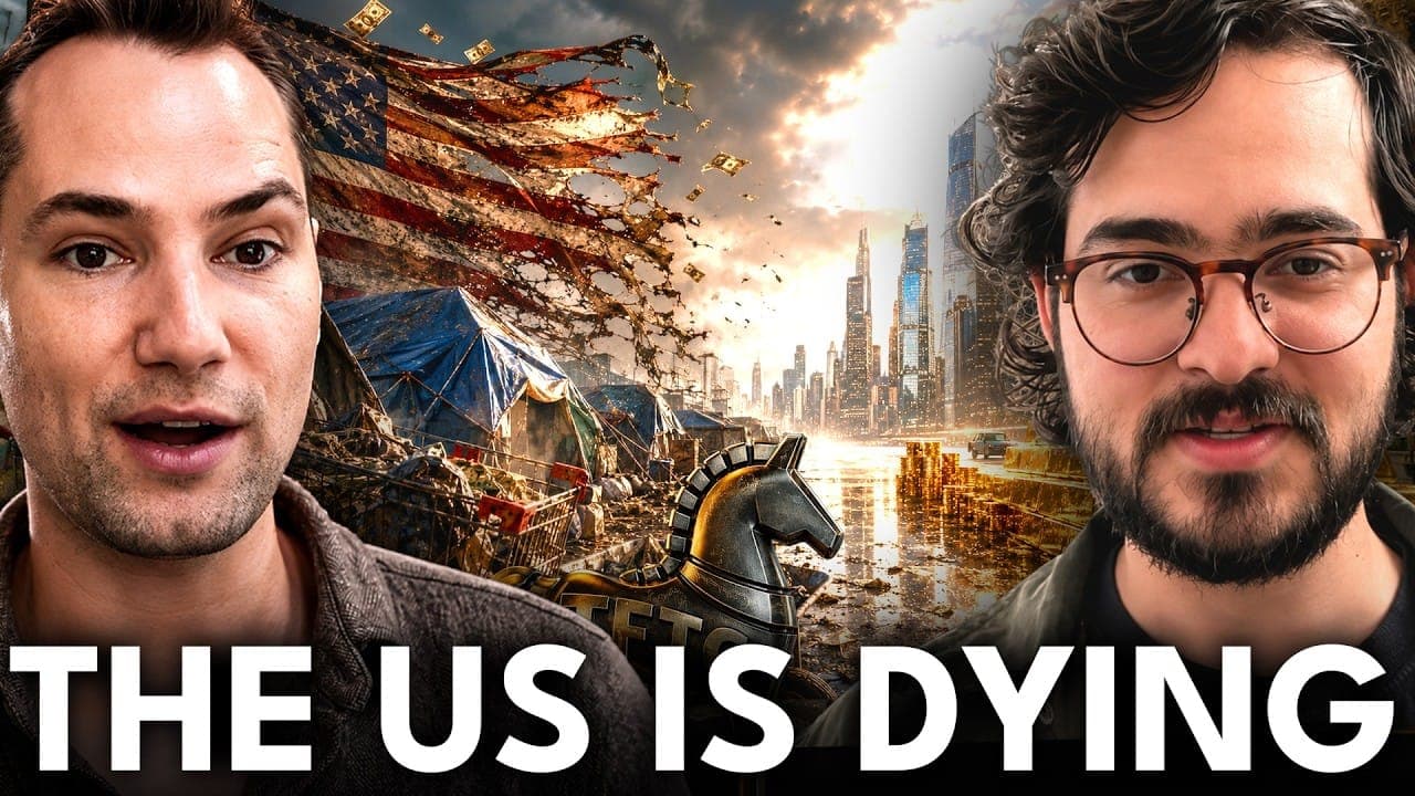 DC Posch and Pablo Antonio on the TFTC podcast over a torn US flag and a decaying-versus-rebuilt city skyline