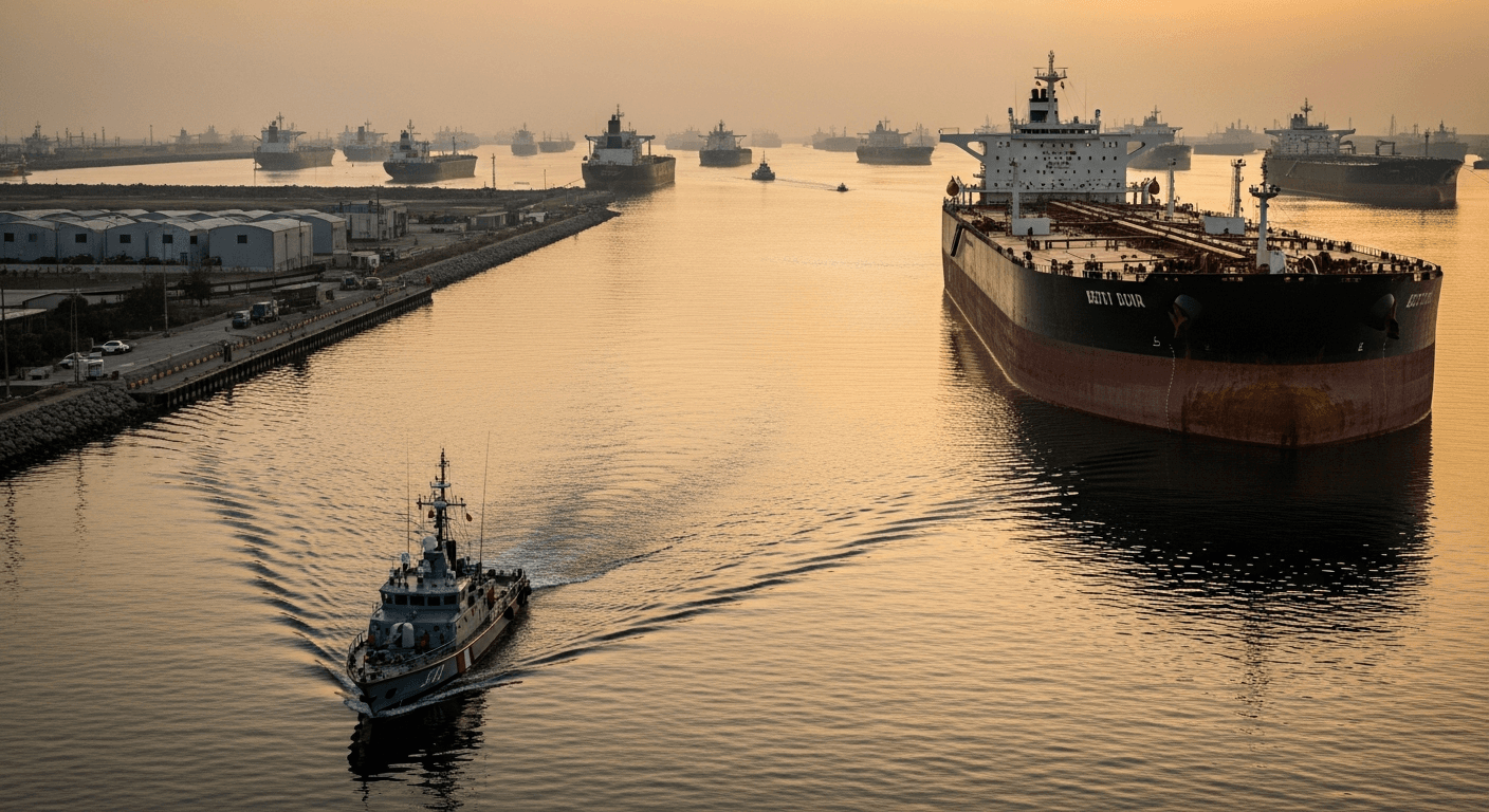 aerial view of a crowded commercial shipping lane through a narrow sea channel, oil tankers visible, dramatic overcast sky, no text or signage