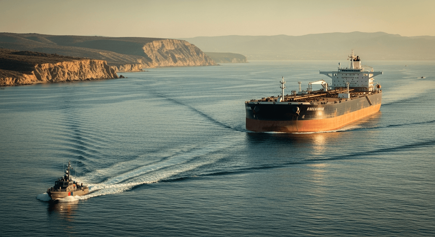 aerial view of a large oil tanker navigating a narrow strait, deep blue water, rocky coastline on both sides, overcast sky, no text or markings visible