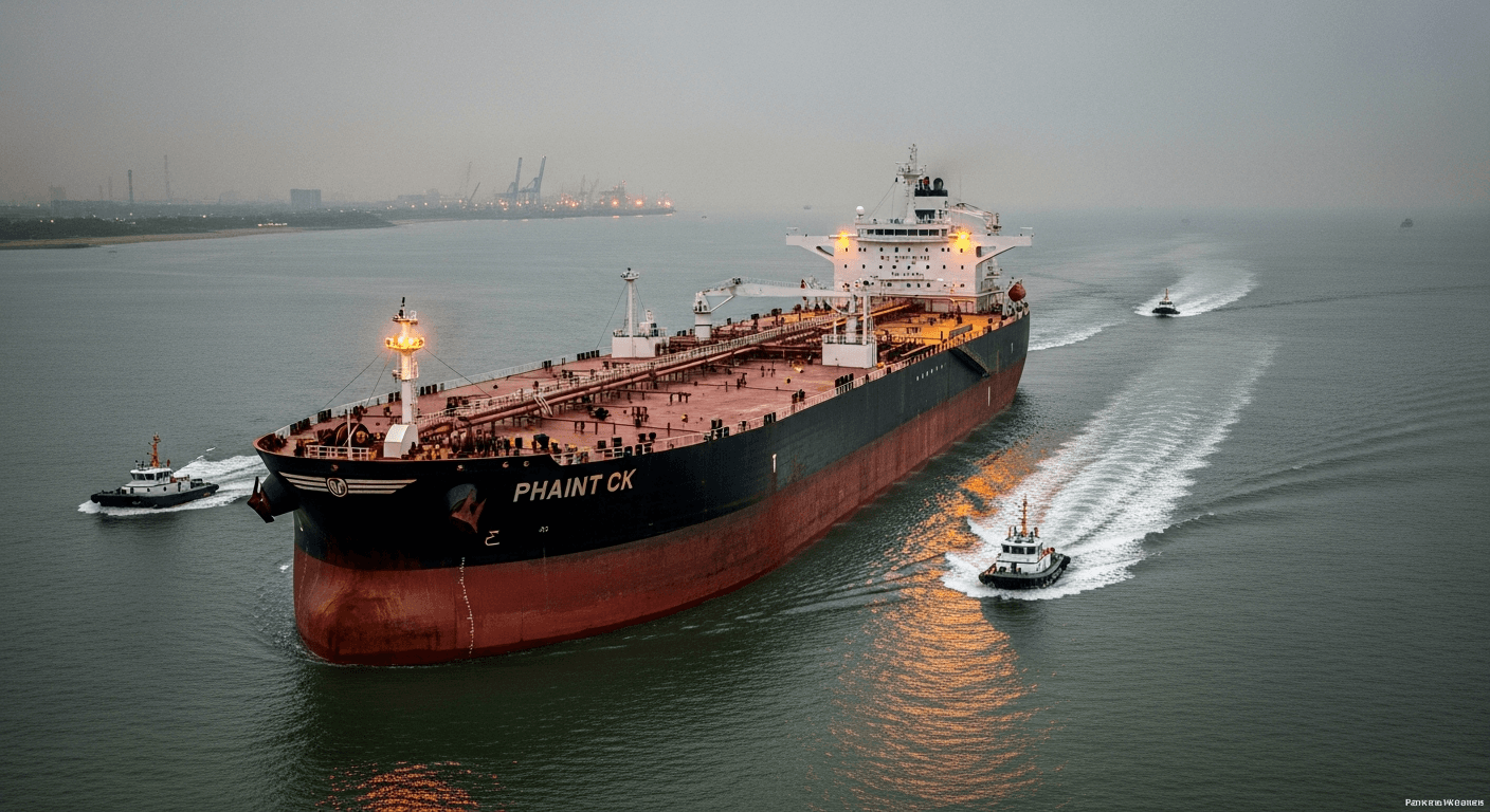 Aerial view of a large oil tanker crossing a busy shipping lane at dawn, surrounded by calm blue water and a hazy orange horizon