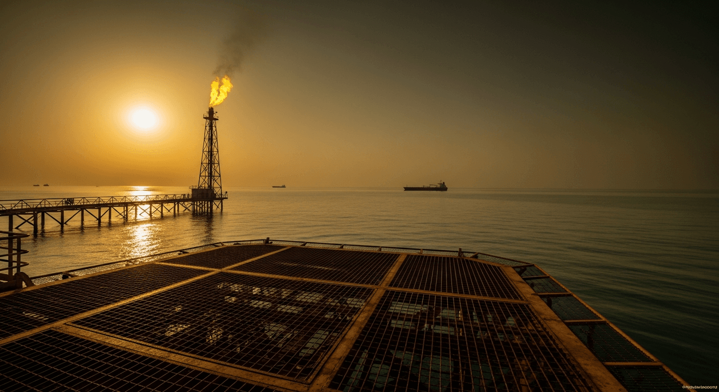 Aerial view of oil tankers queued in a narrow shipping strait at dusk, open water, no text or signage visible