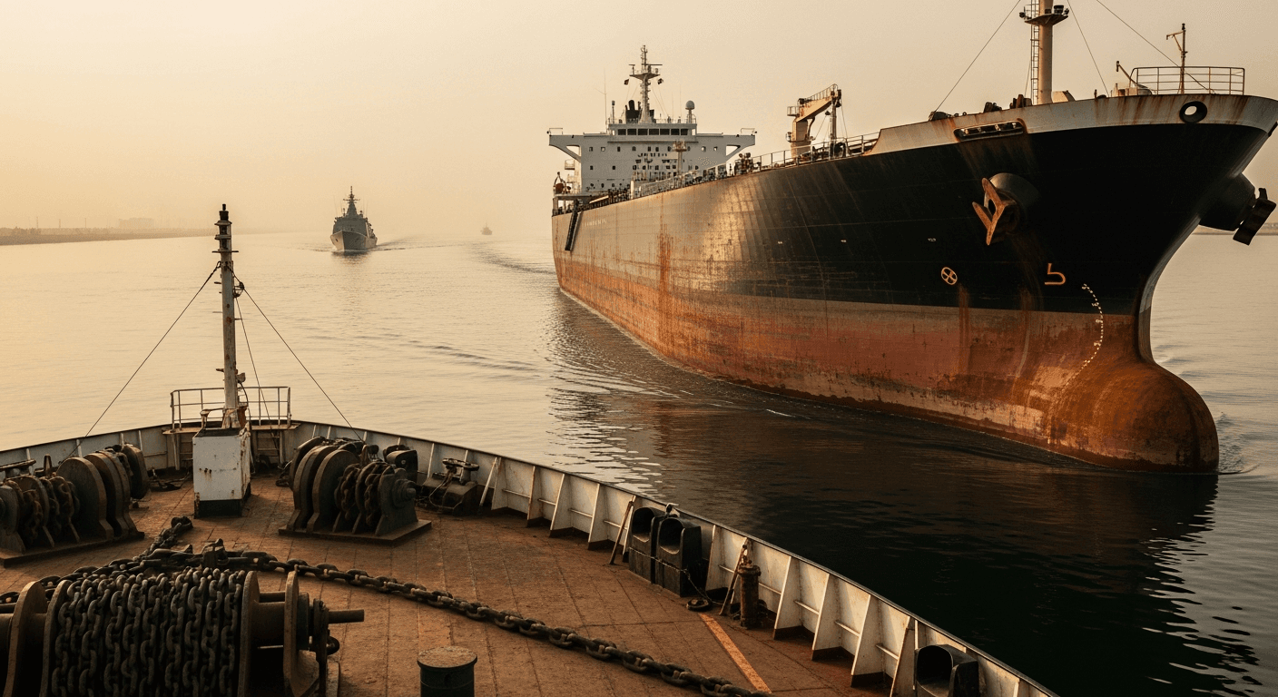 aerial view of a large oil tanker navigating a narrow strait at dusk, surrounded by calm blue-gray water, no text or signage visible