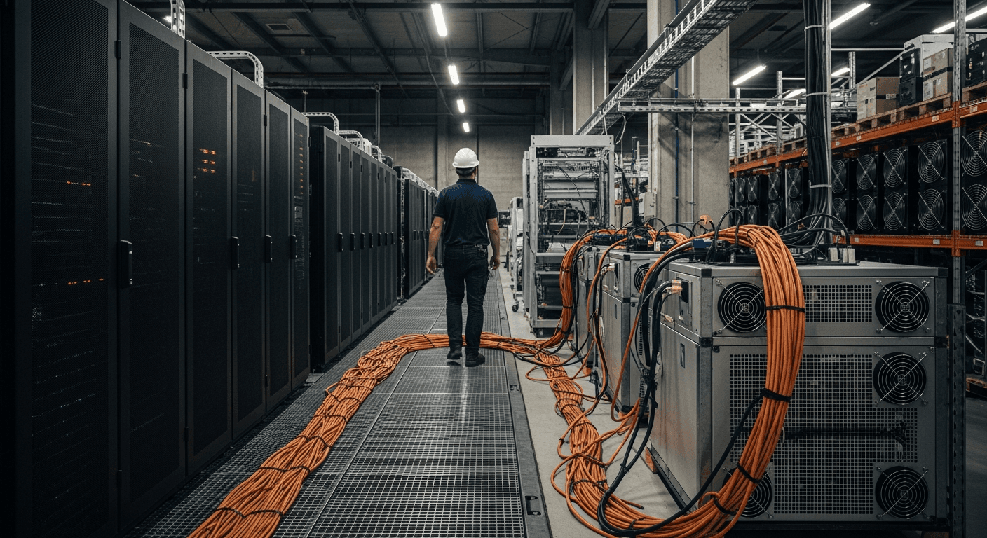 Rows of industrial server racks inside a large data center facility, lit by cool blue overhead lighting, with power cables running along raised flooring