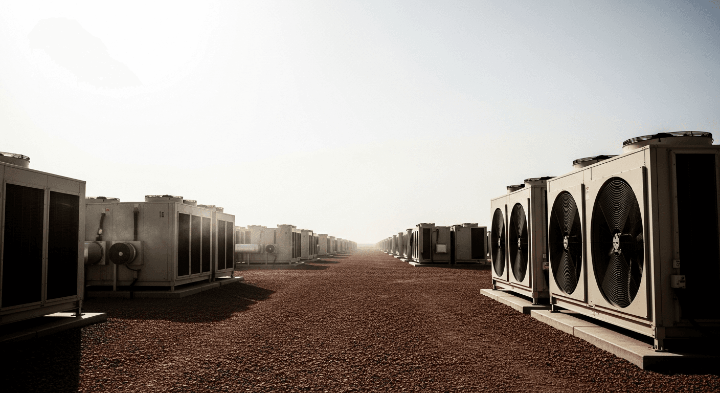 aerial view of a large industrial data center complex in a desert landscape at dusk, with rows of cooling units and power infrastructure visible, no text or signage