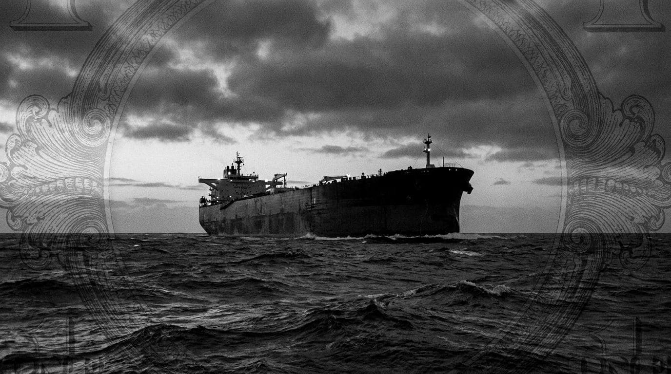 A crude-oil supertanker crossing a dark sea at dusk with faint antique banknote engraving in the background, illustrating the petrodollar system that prices oil in dollars.