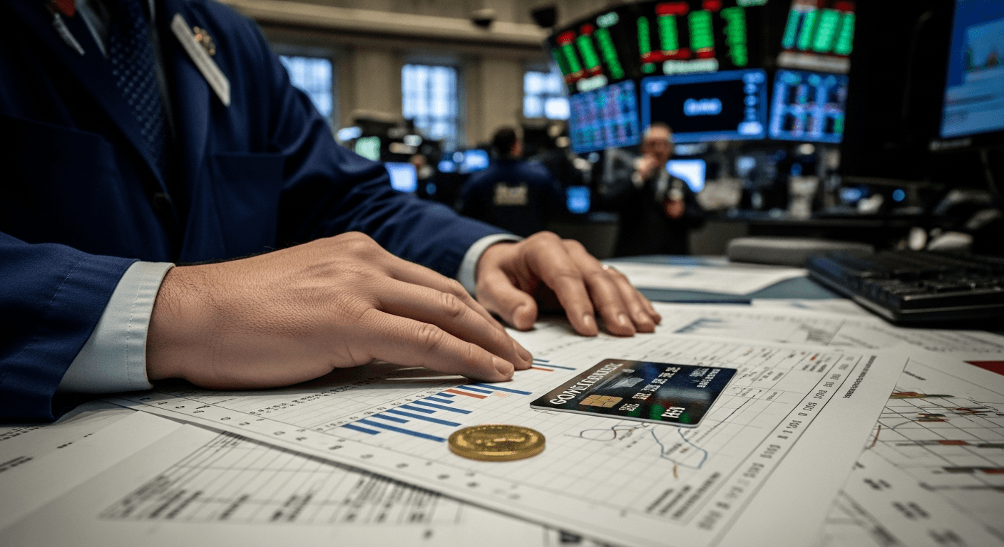 A suited economist stands before a large digital trading floor display showing financial charts and data visualizations, warm institutional lighting, no visible text or logos