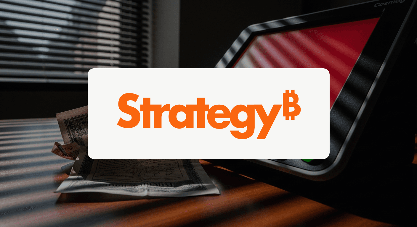 The Strategy logo on a card over a trading-desk backdrop