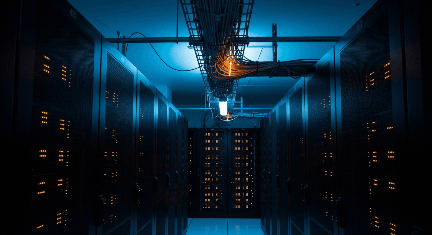 Aerial view of government building complex at dusk, abstract digital encryption grid pattern overlaid in blue and white light, no text or signage visible