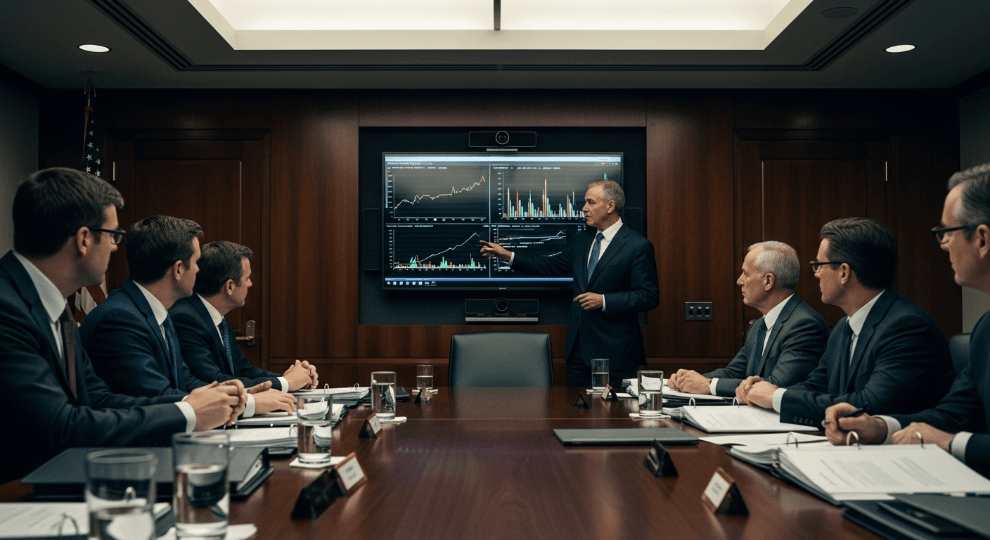 A formal government meeting room with economists and technology executives seated around a large conference table, reviewing documents, neutral professional setting, no logos or signage