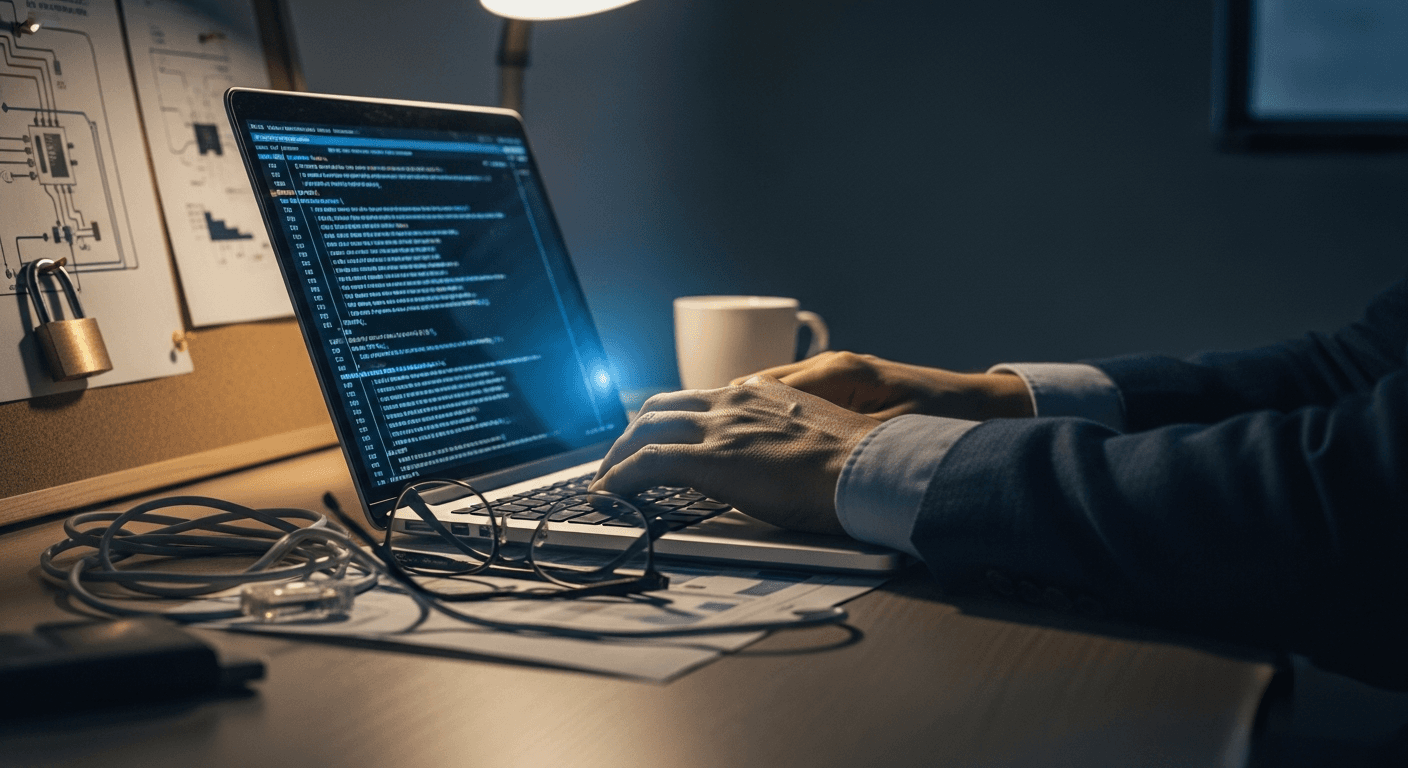 A developer at a desk studying binary code on a dark terminal screen, soft blue lighting, no visible branding or text on screen