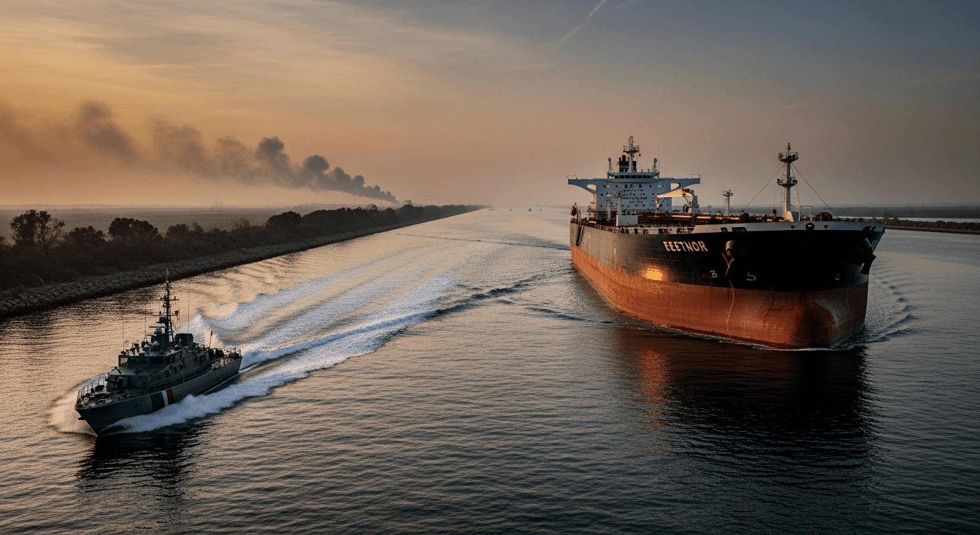 aerial view of a narrow ocean strait at dusk, cargo tankers queued in blue-green water between rocky coastlines, no text or signage visible