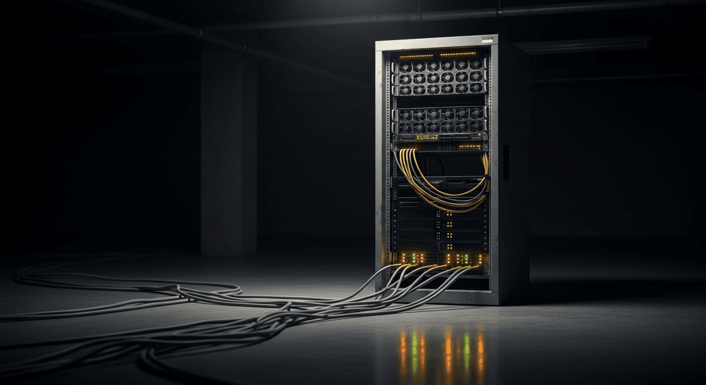Abstract visualization of a blockchain network with nodes and mining equipment in a dimly lit server room, no text or logos visible