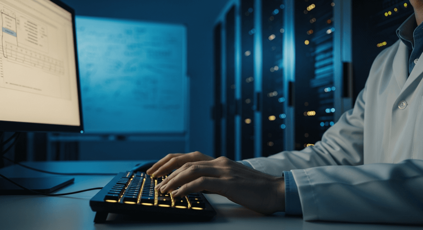 A dimly lit server room with glowing quantum computing hardware and scattered bitcoin symbols on screens, abstract and atmospheric, no text or logos visible