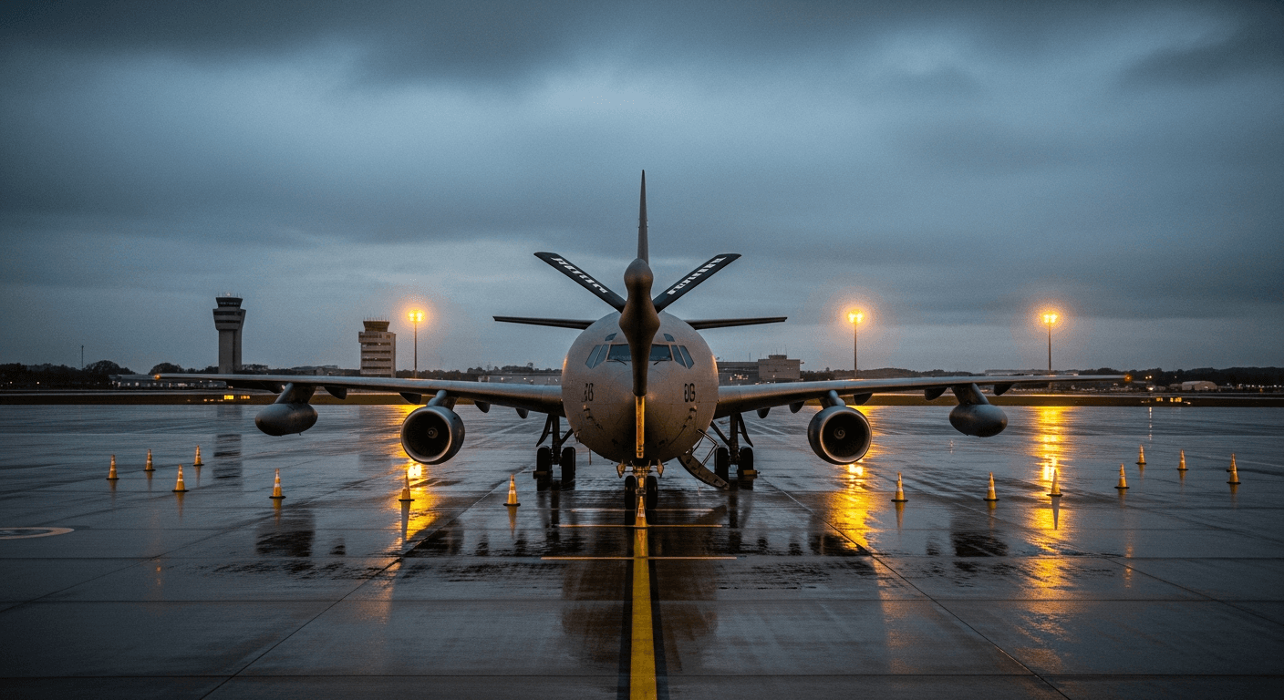 Military tanker aircraft on a tarmac at a joint-use air base, overcast sky, no visible markings or signage