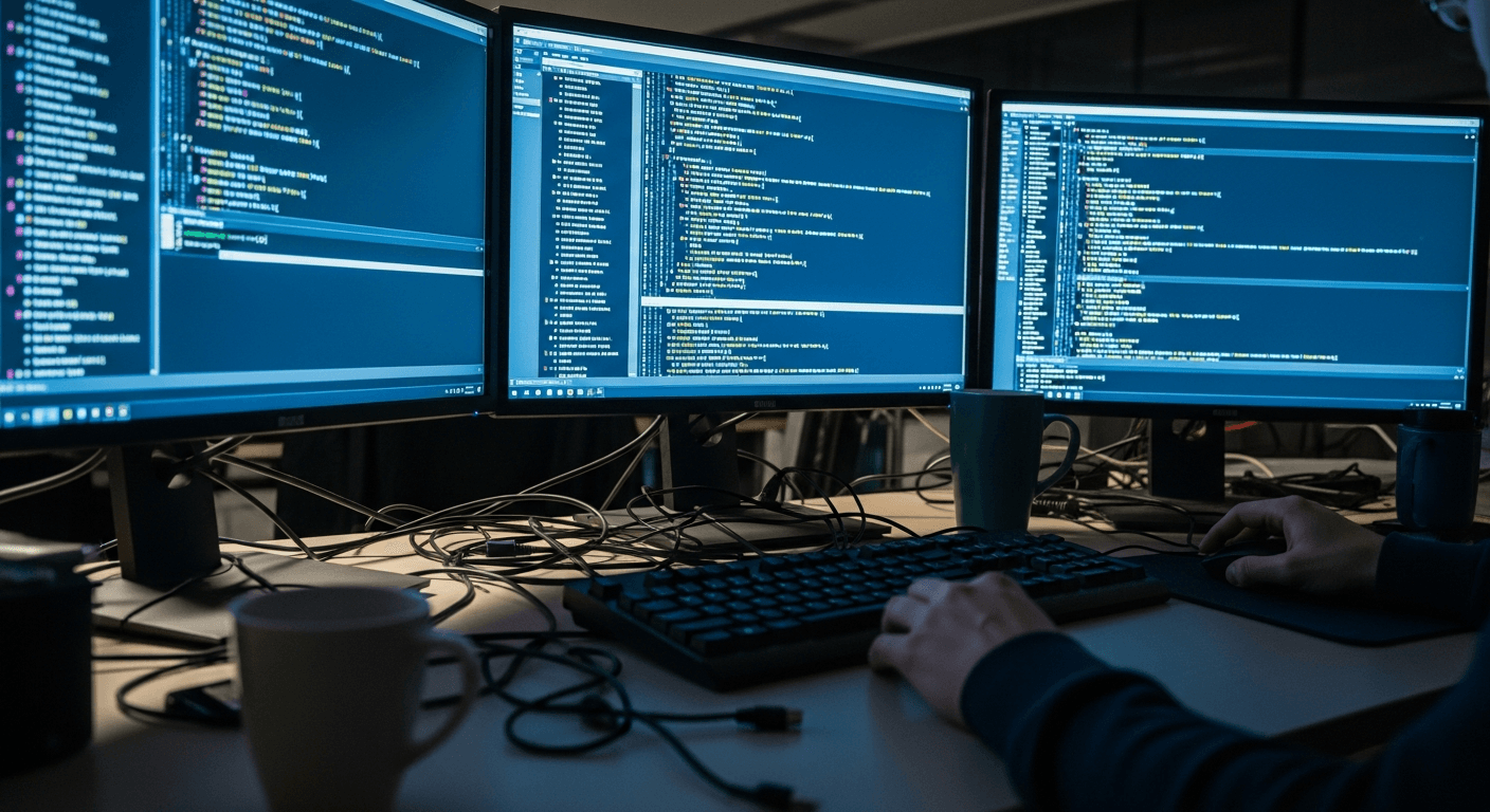 A developer at a glowing workstation with abstract cryptographic key symbols and decentralized network nodes floating in the background, no text, no logos, no signage