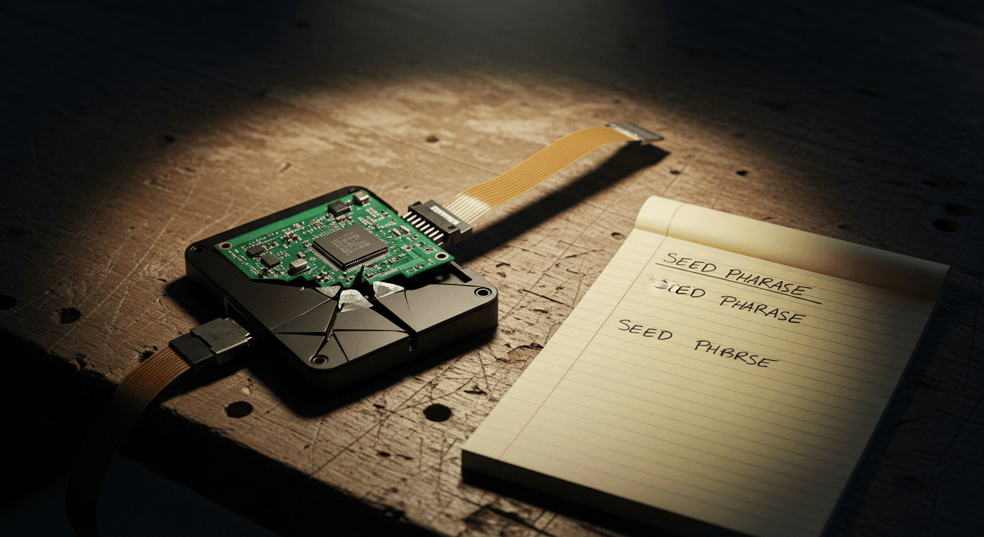 Close-up of a small hardware device on a wooden desk next to a notebook with handwritten words, soft natural light, no logos or text visible