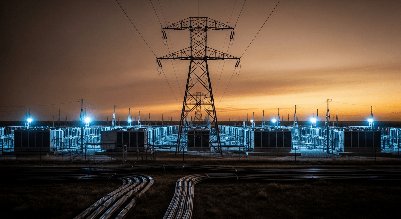 Aerial view of high-voltage transmission towers and power lines stretching across a flat Texas landscape at dusk, warm orange sky, no text or signage visible