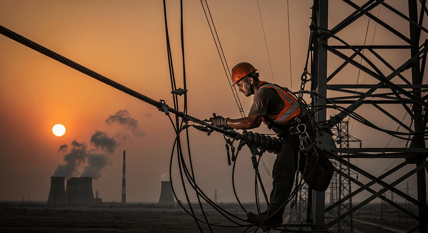 Aerial view of industrial power transmission towers and high-voltage lines stretching across a summer landscape at dusk, heat haze visible on the horizon, no logos or text