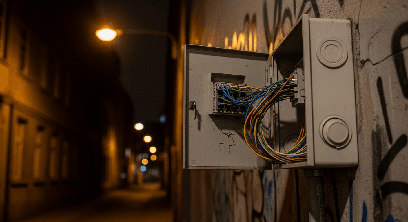 Close-up of a computer terminal displaying lines of open-source code in a dimly lit developer workspace, with a hardware node device visible in the background