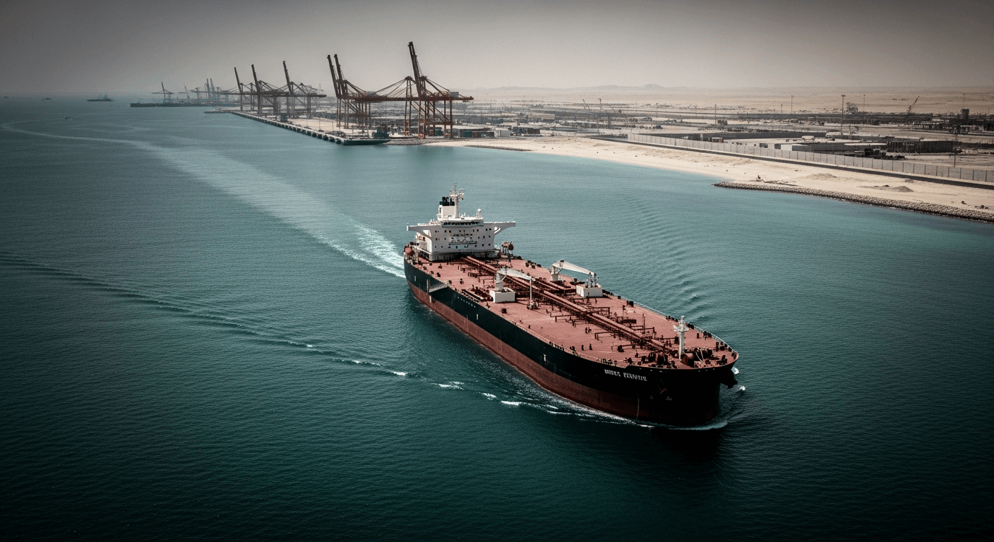 Aerial view of a large commercial port at dusk, container cranes silhouetted against an orange sky, cargo ships docked along a concrete quay, no visible text or signage
