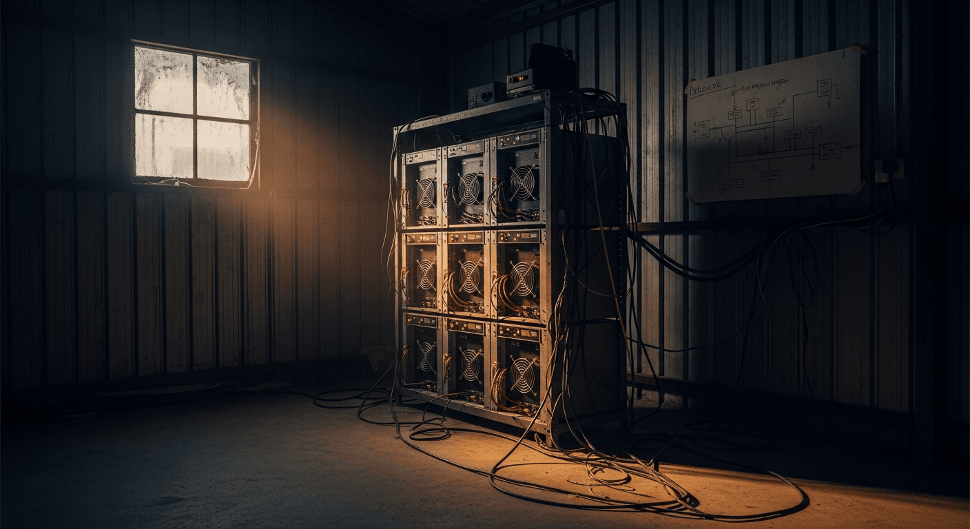 Large industrial facility filled with rows of computer mining hardware glowing in dim blue light, no text or logos visible, wide-angle editorial shot