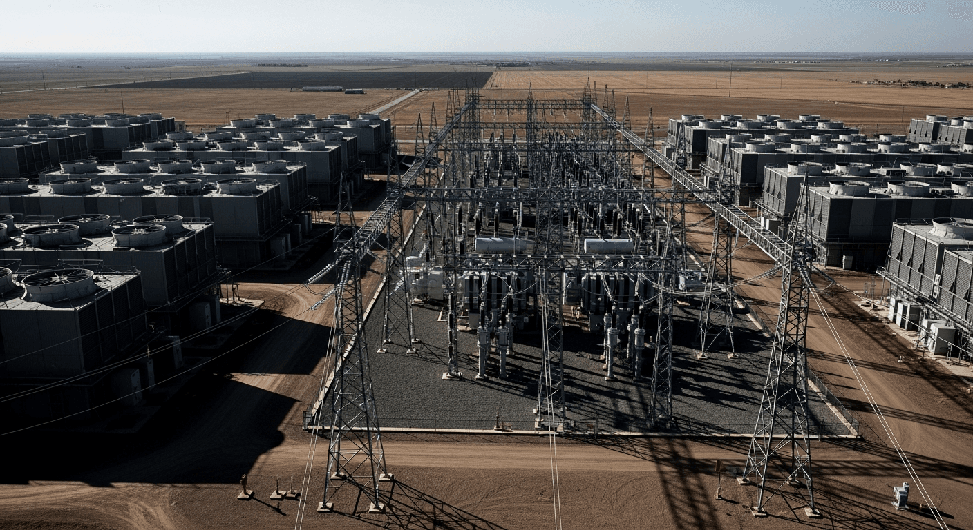Aerial view of a large industrial data center campus in a flat, arid West Texas landscape, with rows of modular buildings, high-voltage power infrastructure, and dry scrubland stretching to