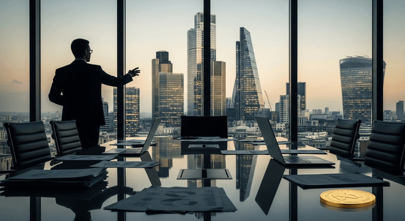 A suited presenter speaks at a large institutional finance conference in a modern London venue, city skyline visible through floor-to-ceiling windows, audience of professional attendees