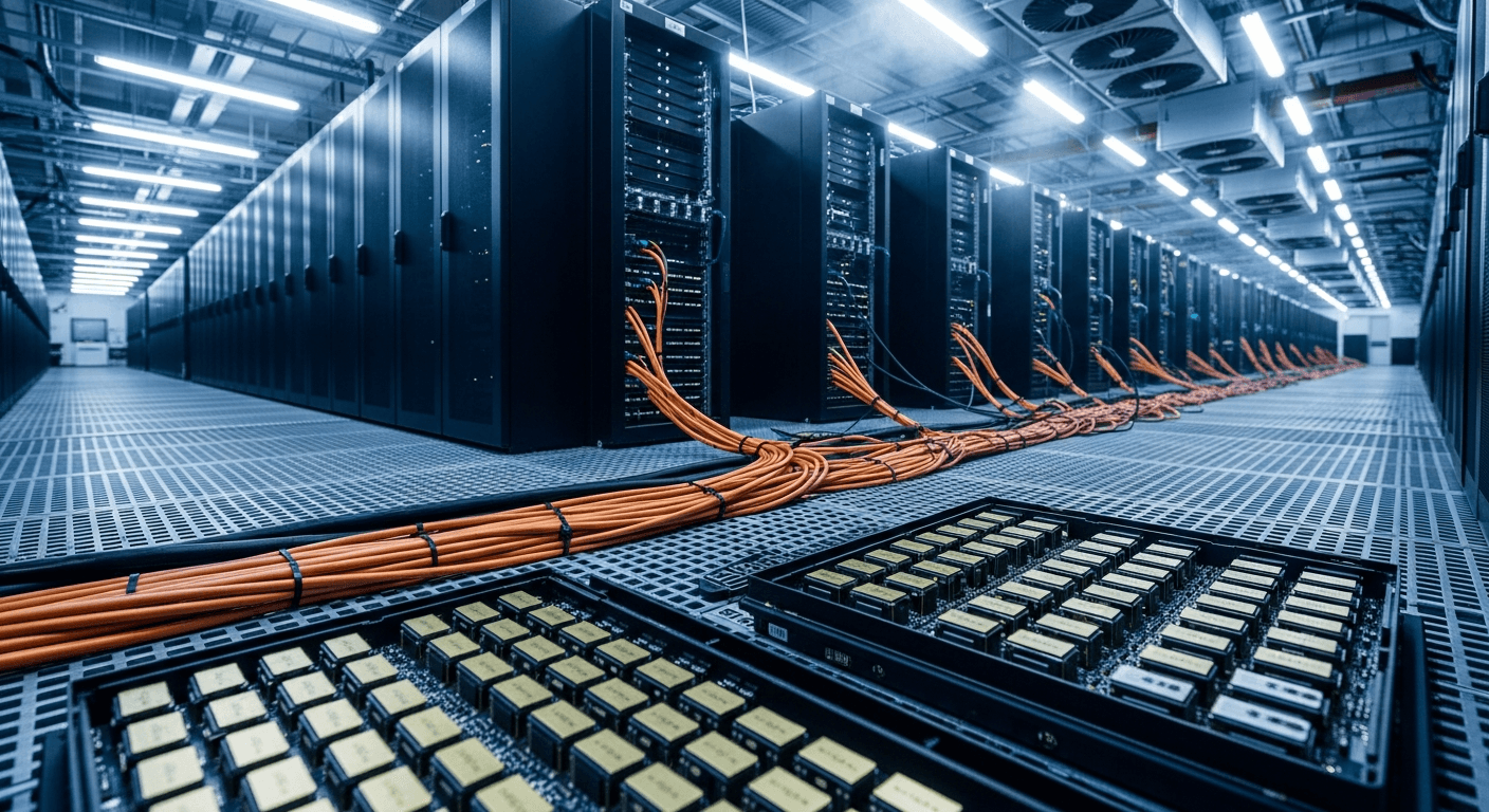 rows of large-scale server racks in a dim industrial data center, blue and white ambient lighting, no text or signage visible