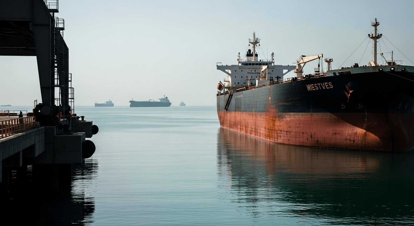 Aerial view of a large commercial port at dusk with oil tankers docked, cranes lit against an orange sky, and desert terrain visible in the background