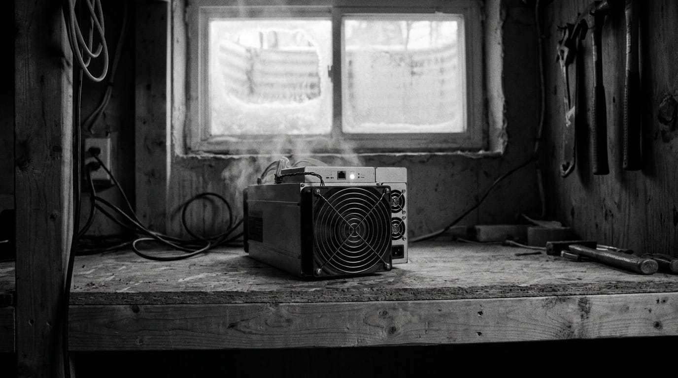 A single home Bitcoin miner on a workbench in a cold shed, heat haze rising, documentary black and white