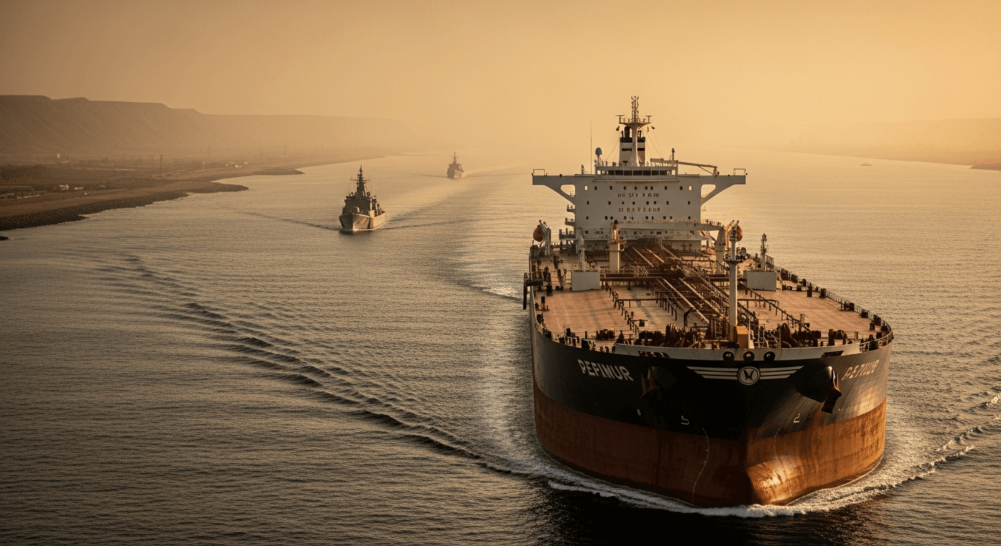 A large oil tanker navigating a narrow, haze-filled strait at dusk, surrounded by calm water and a distant industrial coastline, no text or logos visible