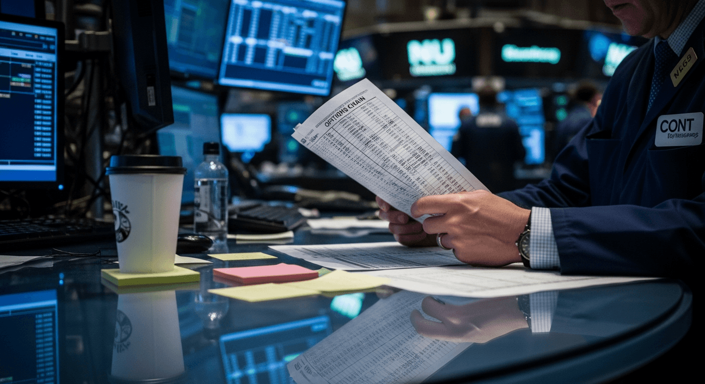 Abstract trading floor scene with glowing screens displaying financial charts and candlestick graphs, no visible text, logos, or brand identifiers