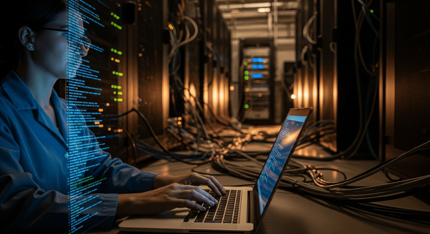 A researcher in a dimly lit server room studies glowing neural network visualizations on multiple monitors, racks of computing hardware visible in the background